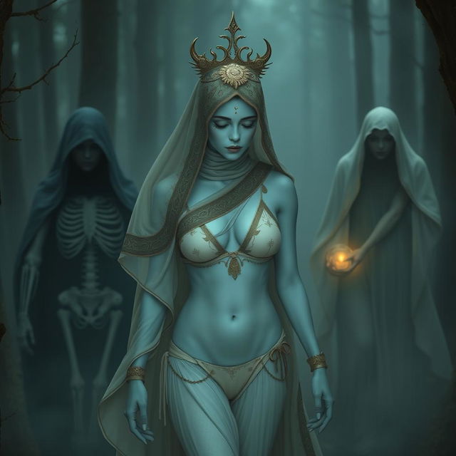 A woman with pale blue skin wearing a skimpily cut two-piece bikini and a one-shoulder top with high-neck design walks through a misty dark forest