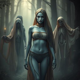 A woman with pale blue skin wearing a skimpily cut two-piece bikini and a one-shoulder top with high-neck design walks through a misty dark forest