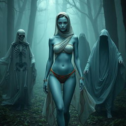 A woman with pale blue skin wearing a skimpily cut two-piece bikini and a one-shoulder top with high-neck design walks through a misty dark forest