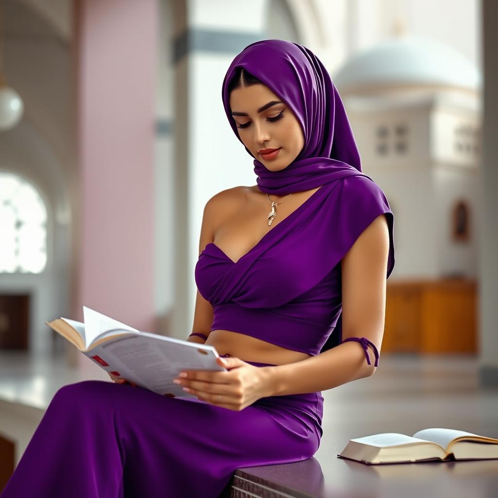 A beautiful woman wearing a skimpily designed two-piece bikini with a one-shoulder top and high-neck style, incorporating a hijab that reflects Islamic aesthetics