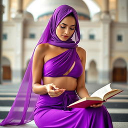 A beautiful woman wearing a skimpily designed two-piece bikini with a one-shoulder top and high-neck style, incorporating a hijab that reflects Islamic aesthetics