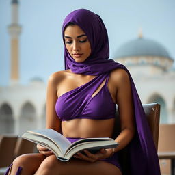 A beautiful woman wearing a skimpily designed two-piece bikini with a one-shoulder top and high-neck style, incorporating a hijab that reflects Islamic aesthetics