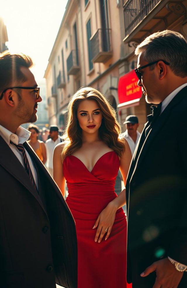 A captivating scene set in Italy featuring a beautiful woman in a stunning red dress surrounded by two stylish men