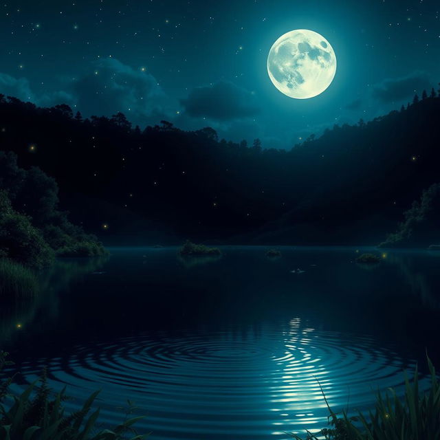 A tranquil nighttime landscape featuring a giant lake reflecting the moonlight