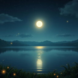 A tranquil nighttime landscape featuring a giant lake reflecting the moonlight