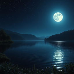 A tranquil nighttime landscape featuring a giant lake reflecting the moonlight