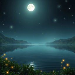 A tranquil nighttime landscape featuring a giant lake reflecting the moonlight