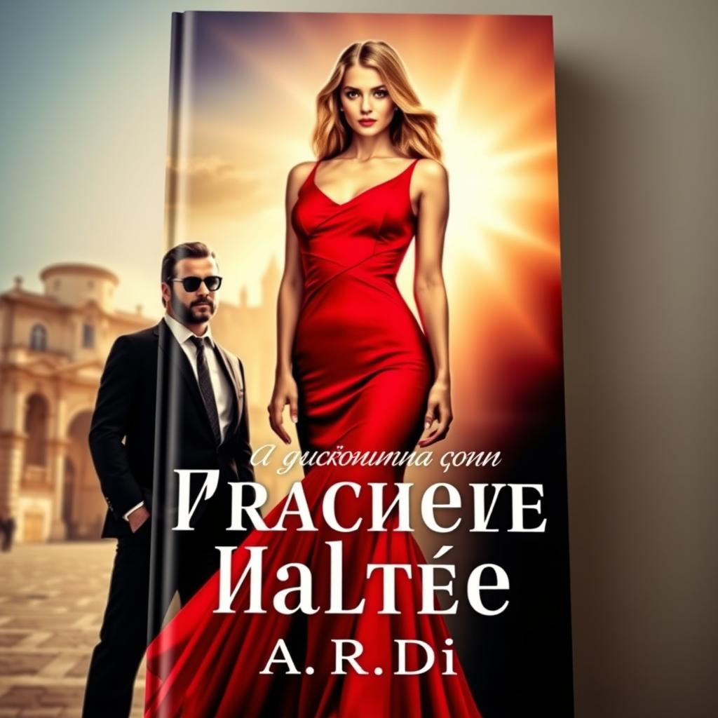 An engaging book cover design featuring a beautiful woman in a striking red dress, elegantly posed in the foreground