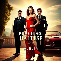 An engaging book cover design featuring a beautiful woman in a striking red dress, elegantly posed in the foreground