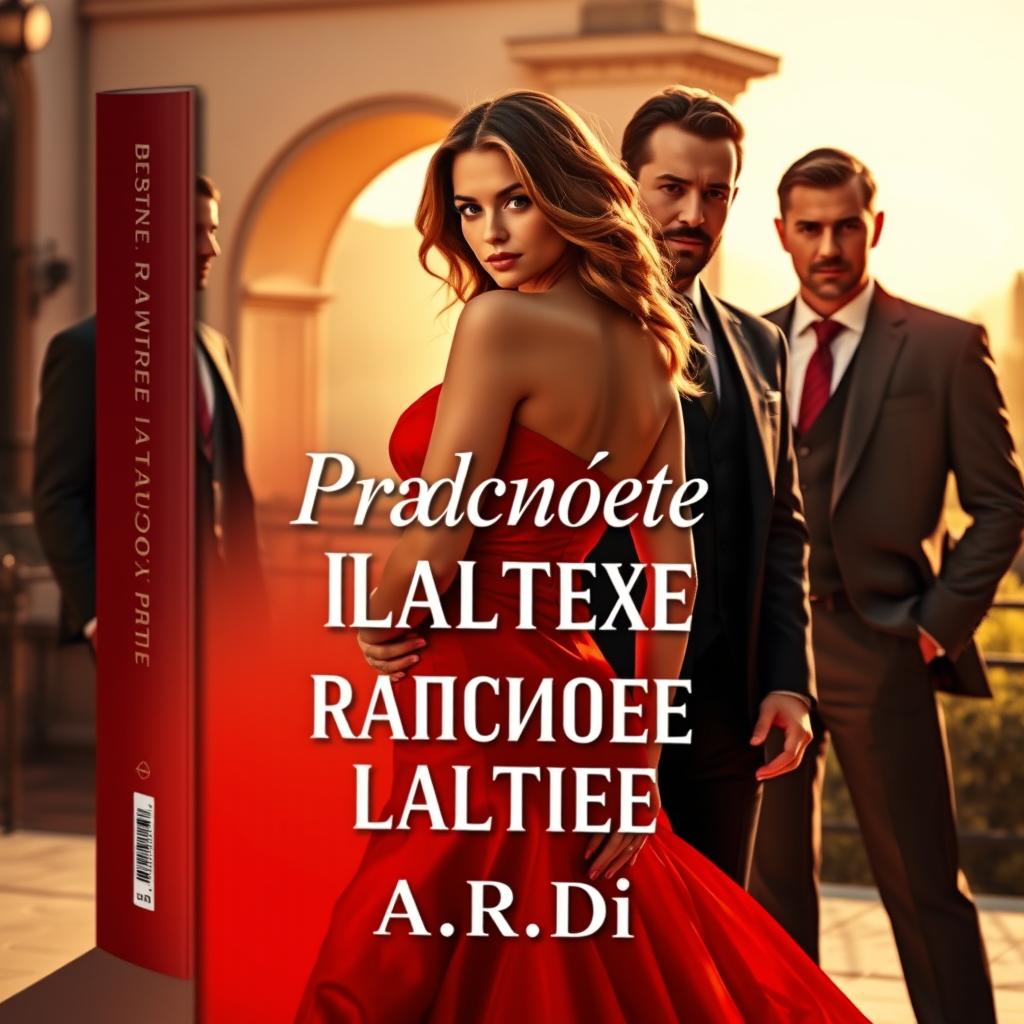 A dramatic book cover design featuring a stunning woman in a vibrant red dress, elegantly posed in the foreground