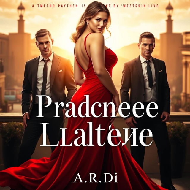 A dramatic book cover design featuring a stunning woman in a vibrant red dress, elegantly posed in the foreground