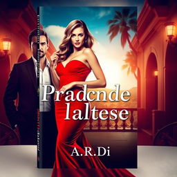 A dramatic book cover design featuring a stunning woman in a vibrant red dress, elegantly posed in the foreground