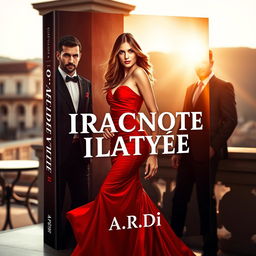 A dramatic book cover design featuring a stunning woman in a vibrant red dress, elegantly posed in the foreground