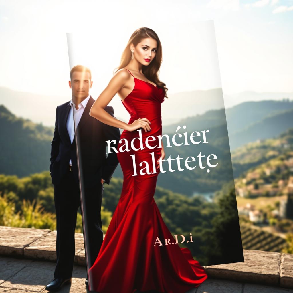 An eye-catching book cover design featuring a captivating woman in a vibrant red dress, elegantly situated in the foreground