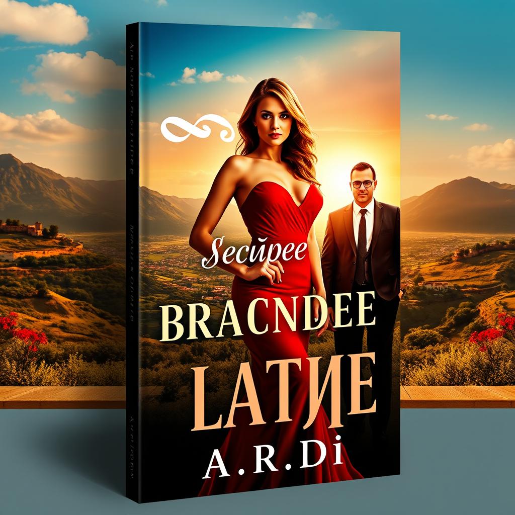 An eye-catching book cover design featuring a captivating woman in a vibrant red dress, elegantly situated in the foreground