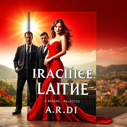 An eye-catching book cover design featuring a captivating woman in a vibrant red dress, elegantly situated in the foreground