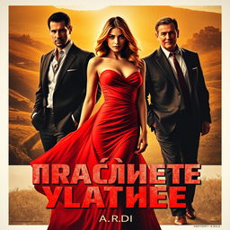 A captivating movie poster featuring a stunning woman in a vibrant red dress, positioned elegantly in the foreground