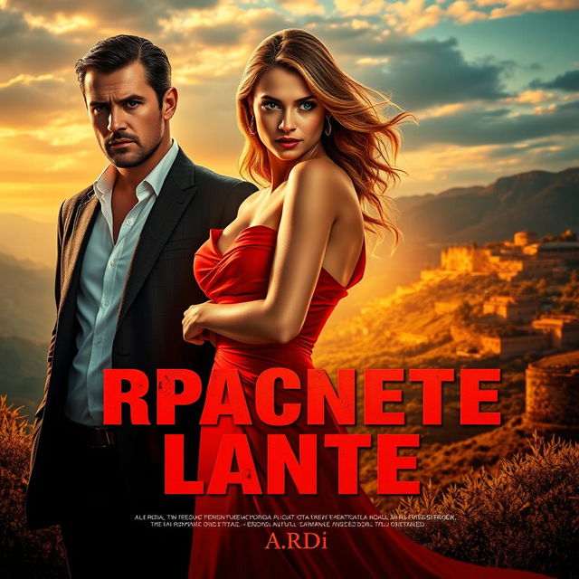 A captivating movie poster featuring a stunning woman in a vibrant red dress, positioned elegantly in the foreground