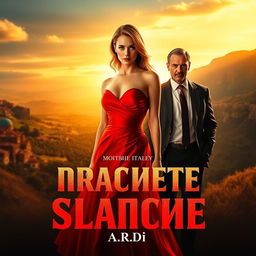 A captivating movie poster featuring a stunning woman in a vibrant red dress, positioned elegantly in the foreground