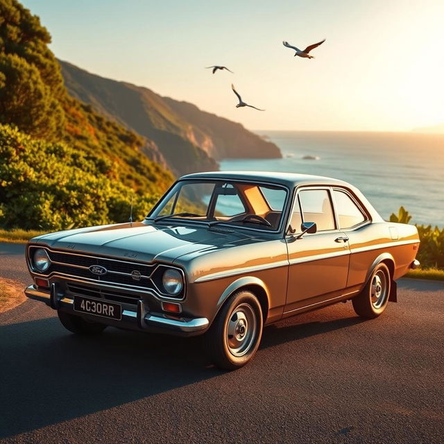 A classic Ford Escort car parked on a scenic coastal road, surrounded by vibrant greenery and a bright blue ocean in the background