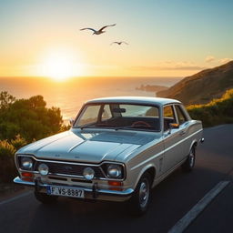 A classic Ford Escort car parked on a scenic coastal road, surrounded by vibrant greenery and a bright blue ocean in the background