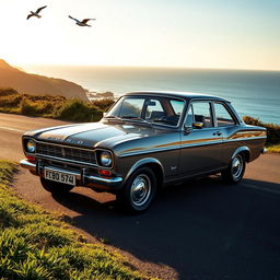 A classic Ford Escort car parked on a scenic coastal road, surrounded by vibrant greenery and a bright blue ocean in the background