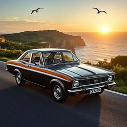 A classic Ford Escort car parked on a scenic coastal road, surrounded by vibrant greenery and a bright blue ocean in the background