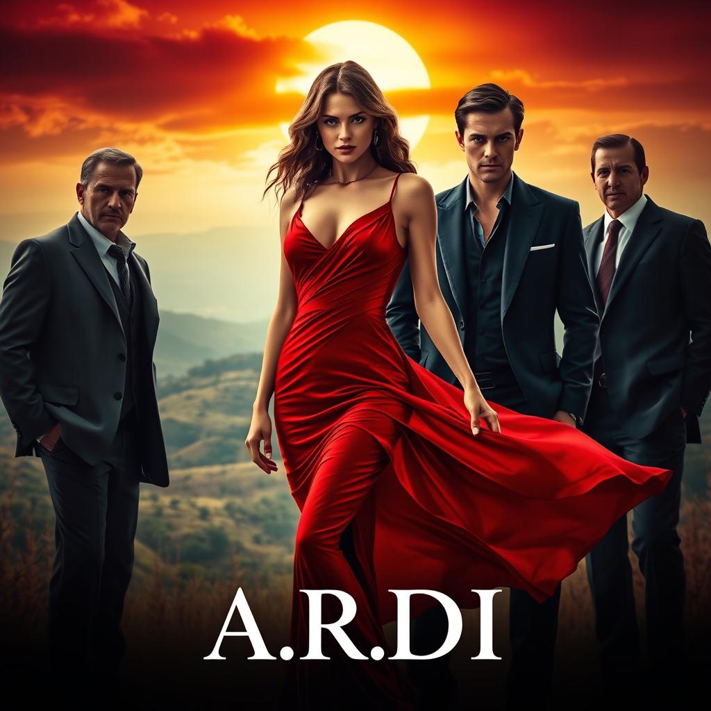 A striking movie poster featuring a mesmerizing woman in a flowing red dress, poised gracefully in the foreground