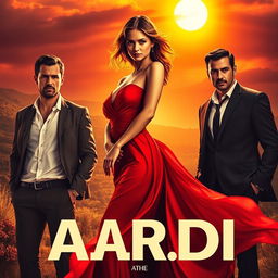 A striking movie poster featuring a mesmerizing woman in a flowing red dress, poised gracefully in the foreground