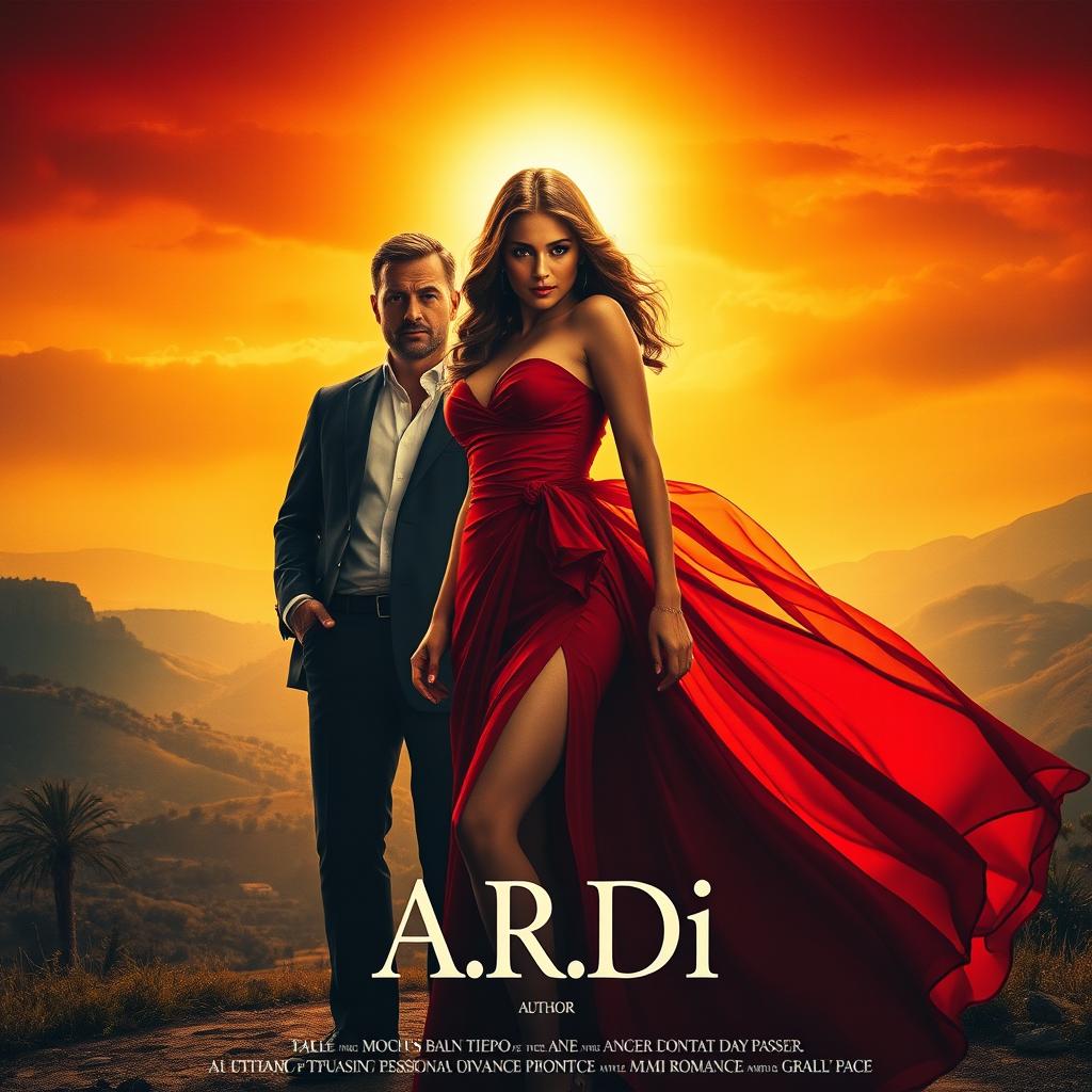 A striking movie poster featuring a mesmerizing woman in a flowing red dress, poised gracefully in the foreground