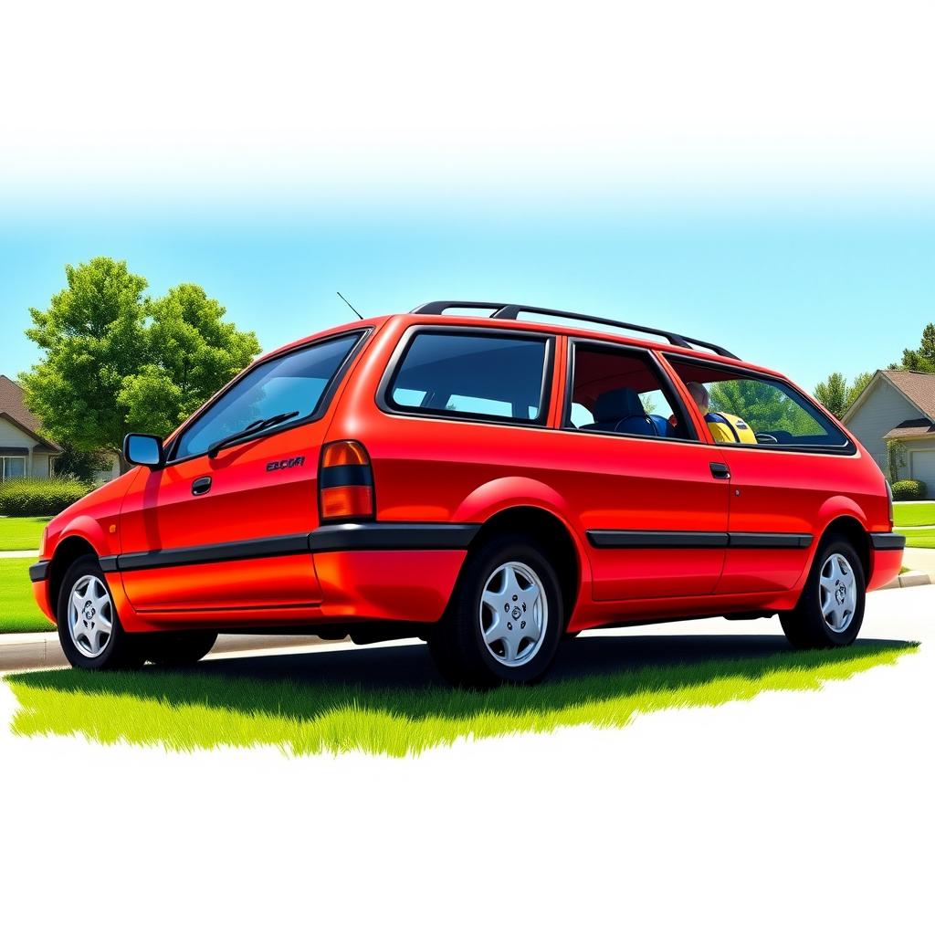 A detailed portrayal of a 1998 Ford Escort wagon, showcasing its distinctive design features such as the elongated body, rounded edges, and prominent headlights