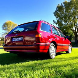 A detailed portrayal of a 1998 Ford Escort wagon, showcasing its distinctive design features such as the elongated body, rounded edges, and prominent headlights