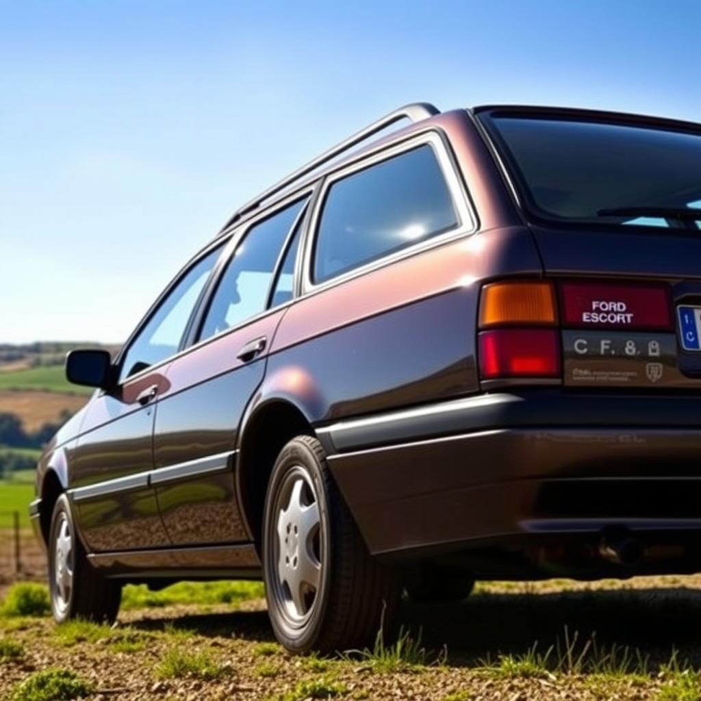 A detailed view of a 1998 Ford Escort wagon, highlighting its distinct features such as the curved body design, spacious rear cargo area, and characteristic headlights