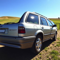 A detailed view of a 1998 Ford Escort wagon, highlighting its distinct features such as the curved body design, spacious rear cargo area, and characteristic headlights