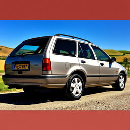 A detailed view of a 1998 Ford Escort wagon, highlighting its distinct features such as the curved body design, spacious rear cargo area, and characteristic headlights