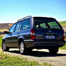 A detailed view of a 1998 Ford Escort wagon, highlighting its distinct features such as the curved body design, spacious rear cargo area, and characteristic headlights