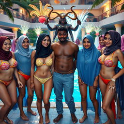 A vibrant scene of a diverse group of people standing around a luxurious pool, exuding a festive atmosphere