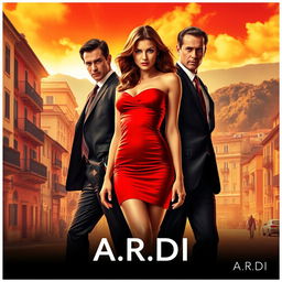 A striking movie poster featuring a beautiful woman in a short, elegant red dress, confidently positioned in the center