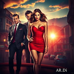 A striking movie poster featuring a beautiful woman in a short, elegant red dress, confidently positioned in the center