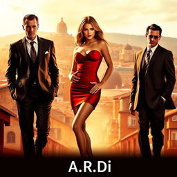 A striking movie poster featuring a beautiful woman in a short, elegant red dress, confidently positioned in the center