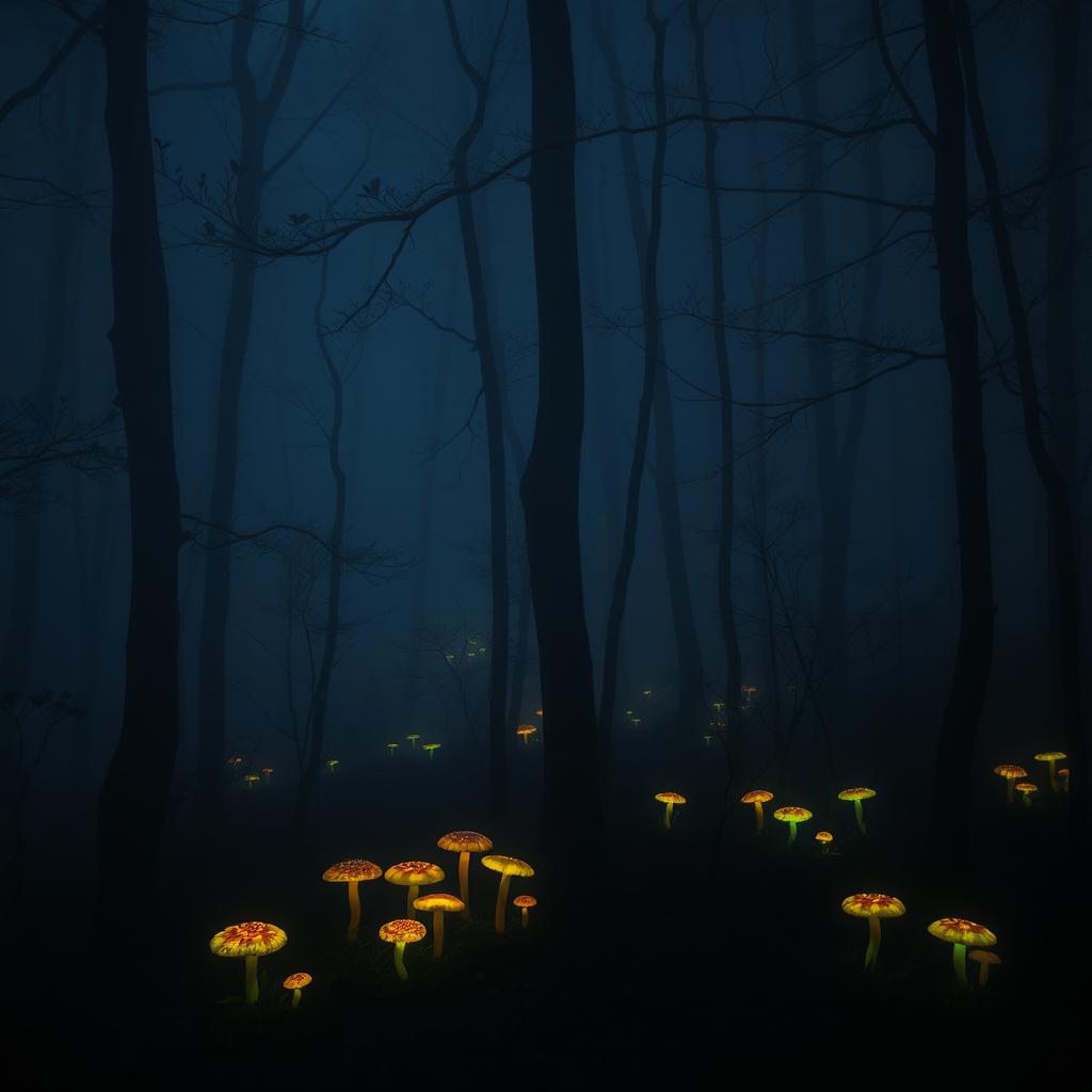 A tranquil forest at night enveloped in thick fog, with a calming glow illuminating the scene