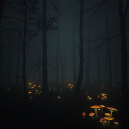 A tranquil forest at night enveloped in thick fog, with a calming glow illuminating the scene