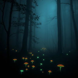 A tranquil forest at night enveloped in thick fog, with a calming glow illuminating the scene