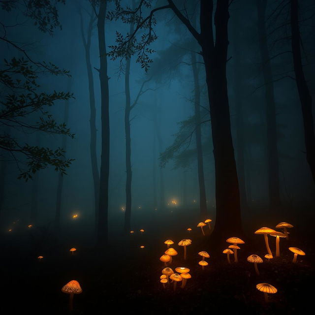 A tranquil forest at night enveloped in thick fog, with a calming glow illuminating the scene