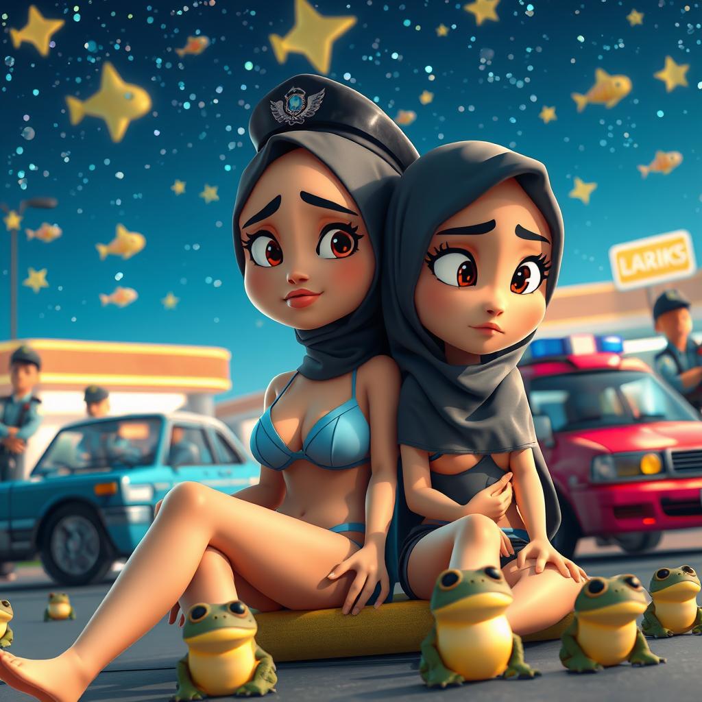 A detailed cartoon scene of two cartoon characters depicted in a skimpy two-piece bikini and a hijab with Islamic vibes, sitting next to each other