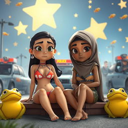 A detailed cartoon scene of two cartoon characters depicted in a skimpy two-piece bikini and a hijab with Islamic vibes, sitting next to each other