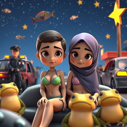 A detailed cartoon scene of two cartoon characters depicted in a skimpy two-piece bikini and a hijab with Islamic vibes, sitting next to each other