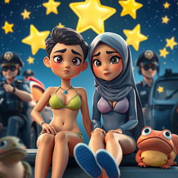 A detailed cartoon scene of two cartoon characters depicted in a skimpy two-piece bikini and a hijab with Islamic vibes, sitting next to each other