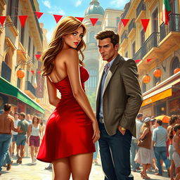 A captivating poster featuring a stunning girl in a short red dress standing in a bustling Italian city during a lively street celebration