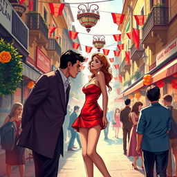 A romantic poster illustrating a stunning girl in a short red dress amidst a bustling Italian city during a vibrant street festival